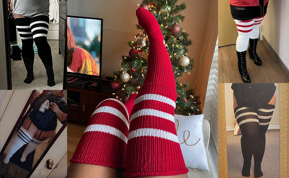 Plus size striped thigh-high socks in multiple colors