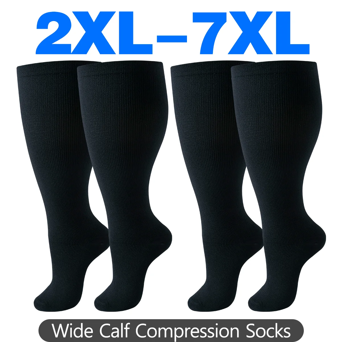 Black wide calf compression socks in sizes 2XL to 7XL