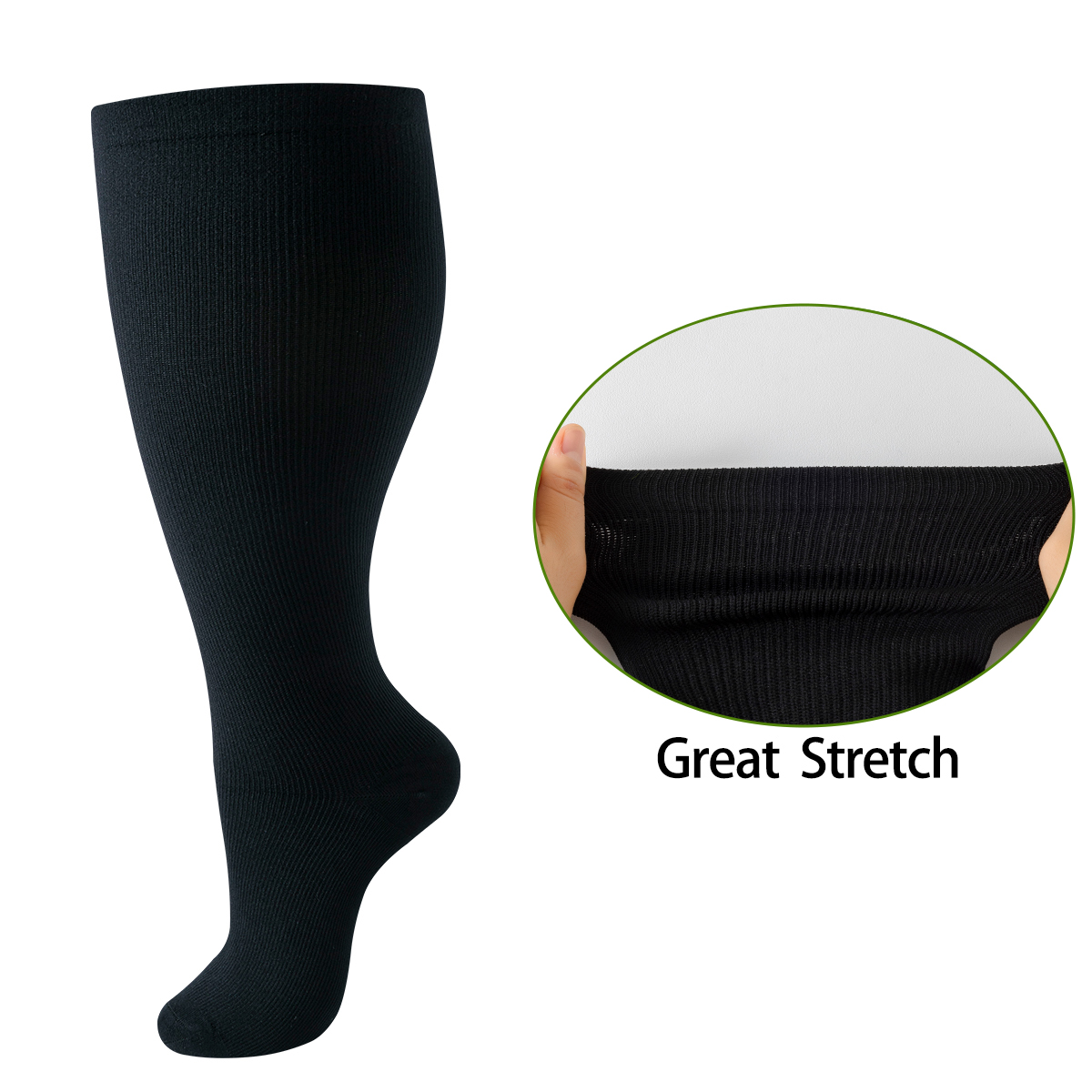Wide calf sock stretch and sizing measurement detail