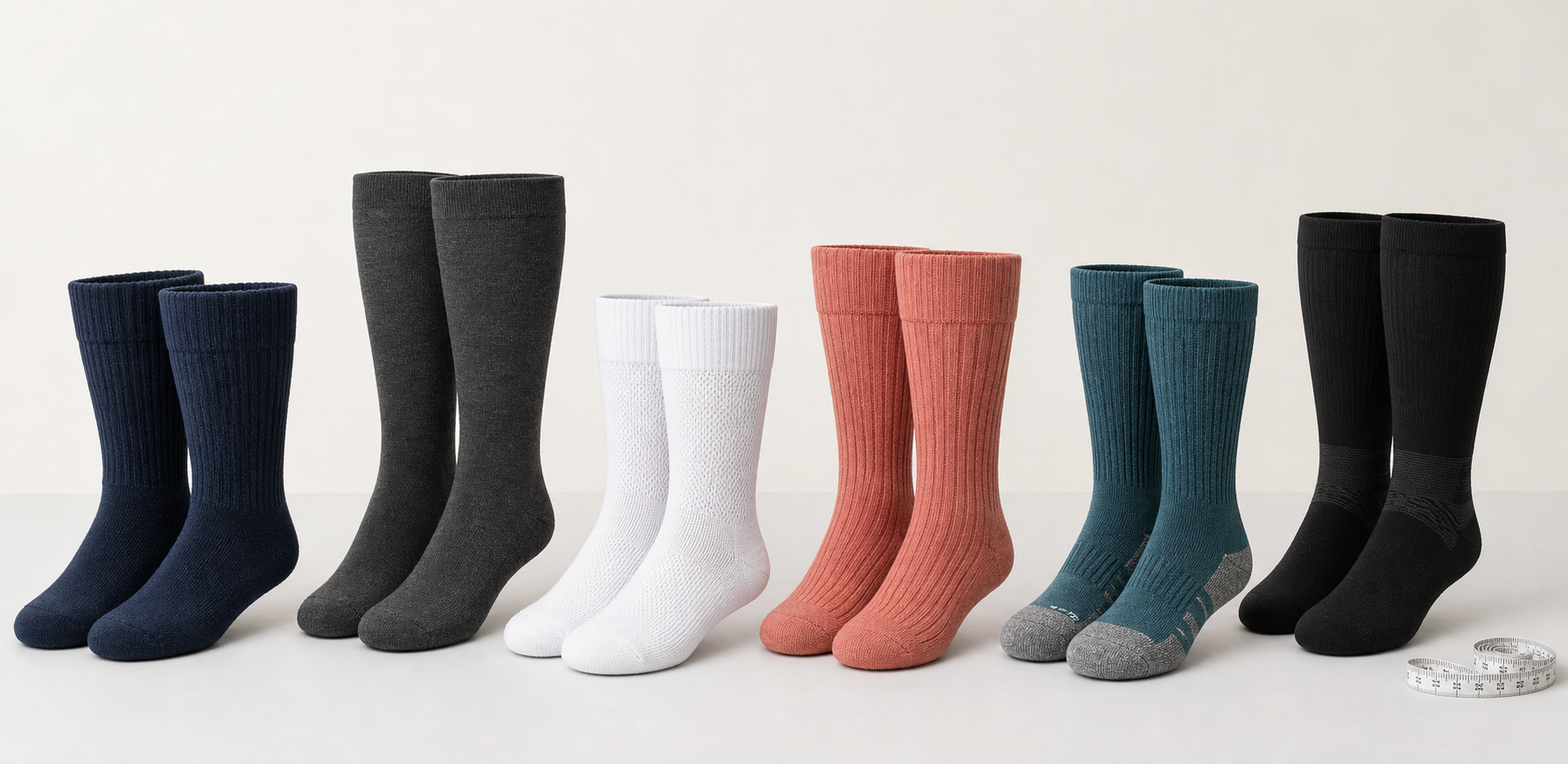 Six wide calf sock styles in different materials and colors
